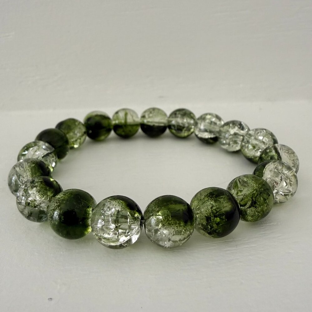 💚✨ Green Glass Beaded Bracelet | Crackle & Swirl | Stretch Fit